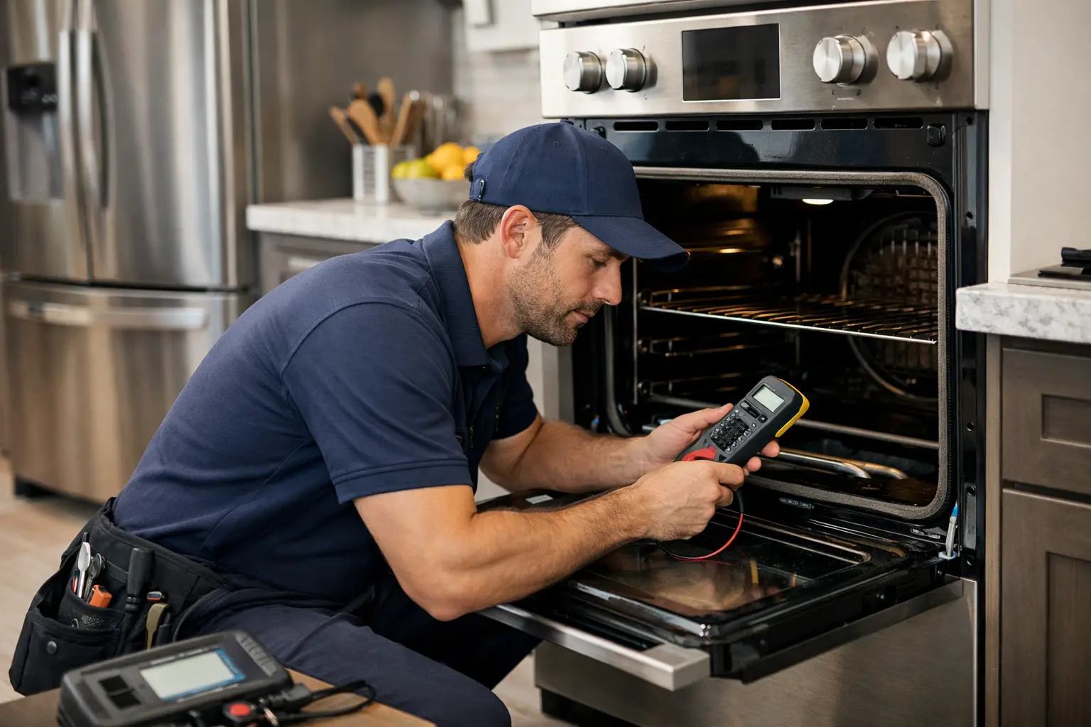 Technician testing an oven with a heating problem