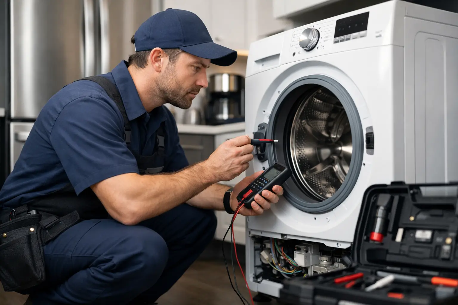 Technician inspecting a washer that is not spinning